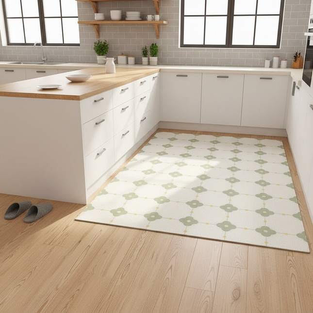 Tapis Cuisine motif floral vert clair antidérapant