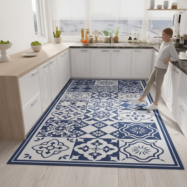 Tapis Cuisine bleu motif carreaux antidérapant