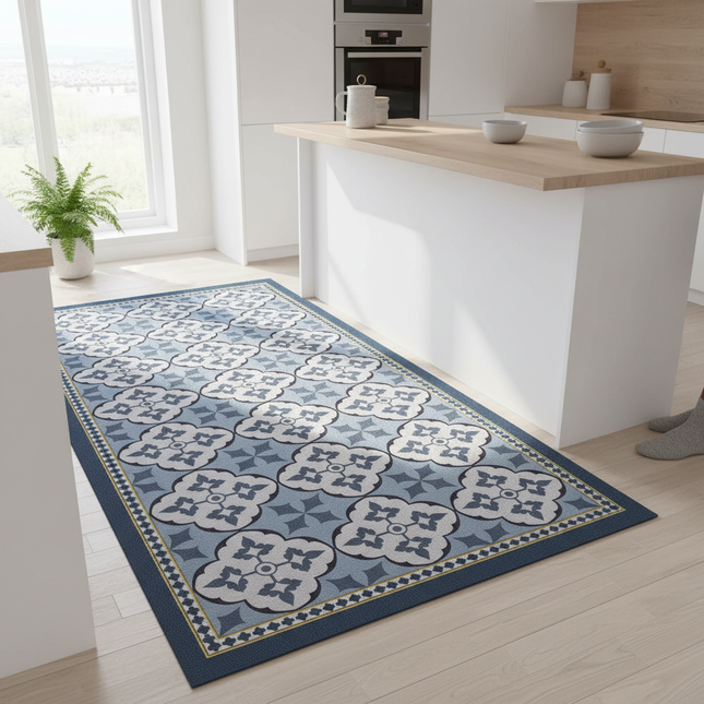 Tapis Cuisine motif carreaux bleus antidérapant