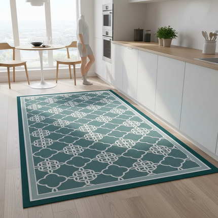 Tapis Cuisine turquoise motifs géométriques antidérapant