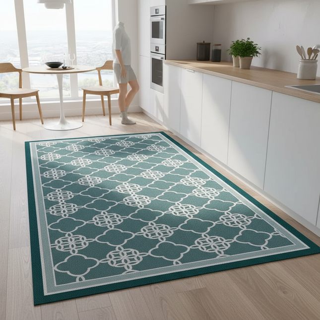 Tapis Cuisine turquoise motifs géométriques antidérapant
