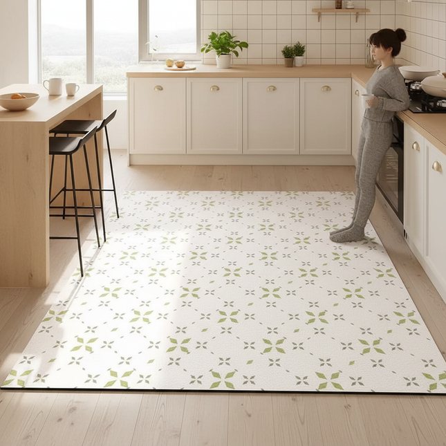 Tapis Cuisine blanc motifs verts anti-tache