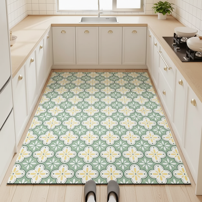 Tapis Cuisine vert motif floral anti-tache
