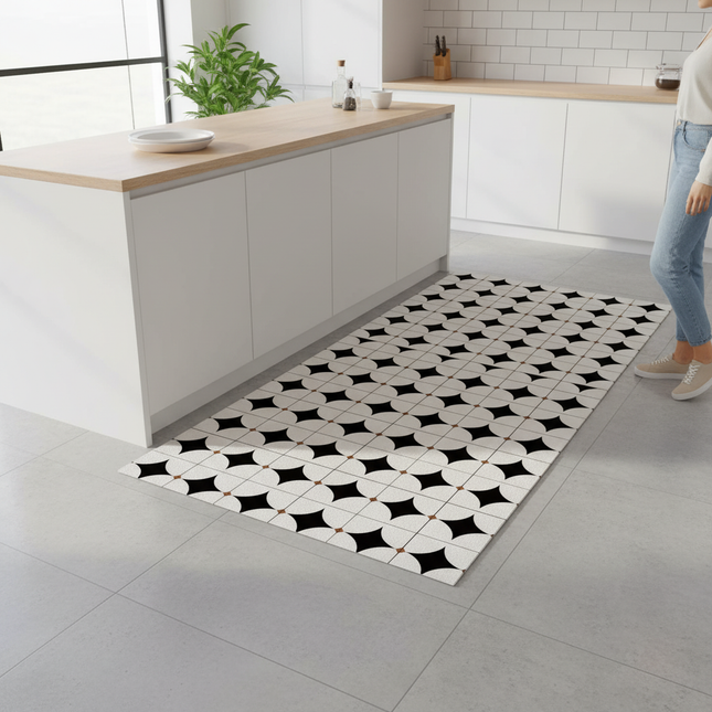 Tapis Cuisine géométrique noir et blanc anti-taches