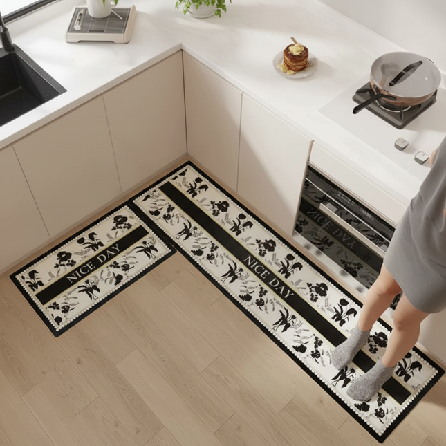 Tapis Cuisine floral noir et blanc antidérapant original