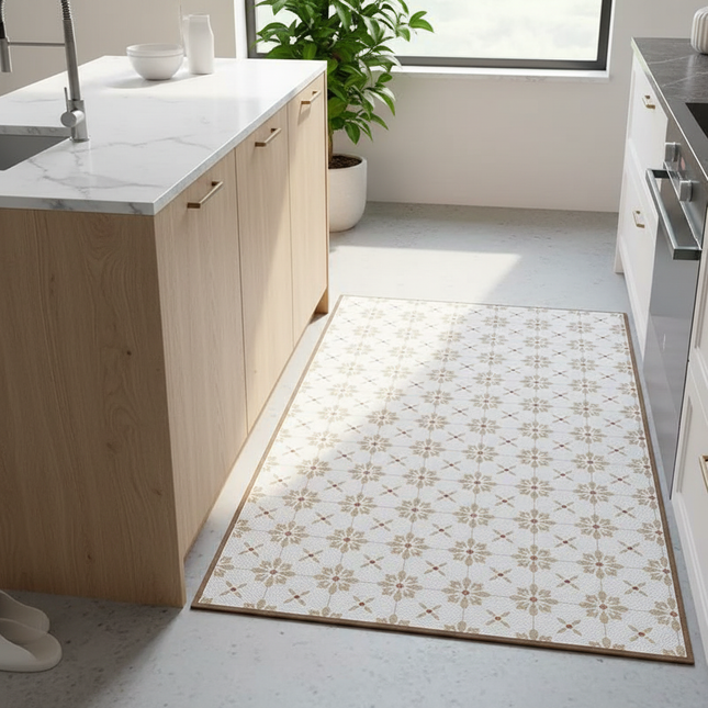 Tapis Cuisine motif carreaux beige lavable