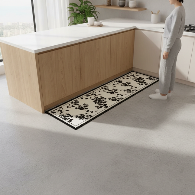 Tapis Cuisine floral noir crème antidérapant