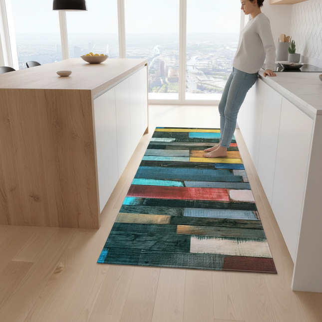 Tapis Cuisine planches bois colorées antidérapant