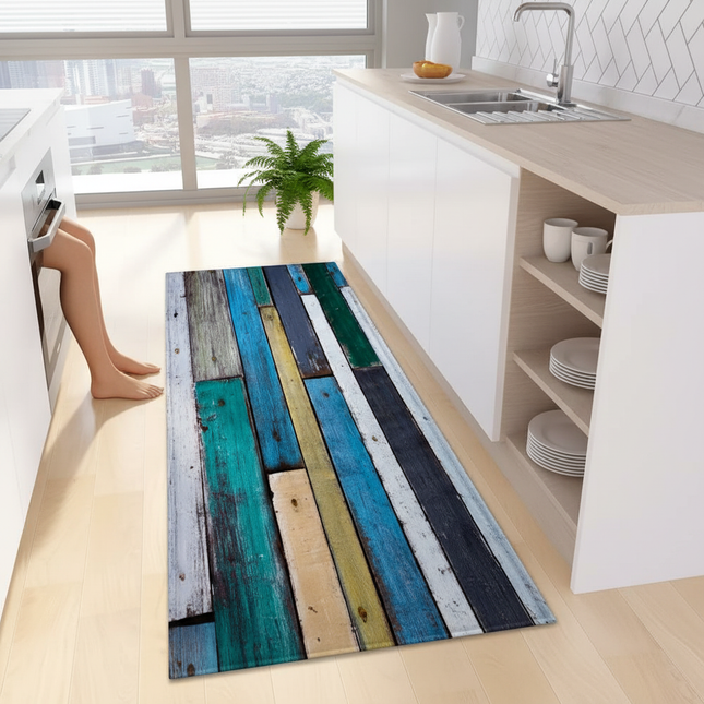 Tapis Cuisine bois vieilli multicolore antidérapant