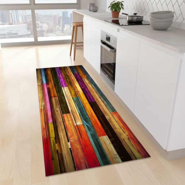 Tapis Cuisine multicolore motif bois antidérapant design