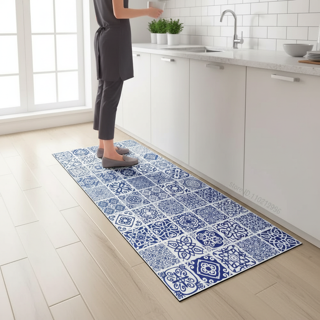 Tapis Cuisine long carreaux bleus antidérapant