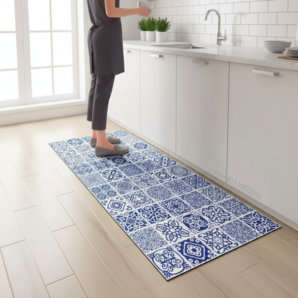 Tapis Cuisine long carreaux bleus antidérapant