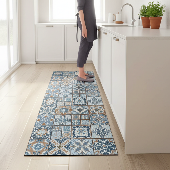 Tapis Cuisine carreaux de ciment bleu antidérapant