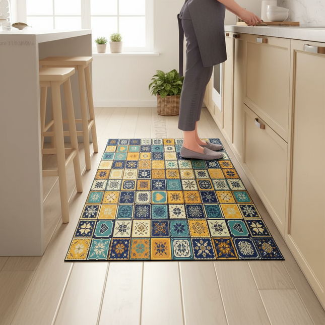 Tapis Cuisine mosaïque bleu jaune antidérapant