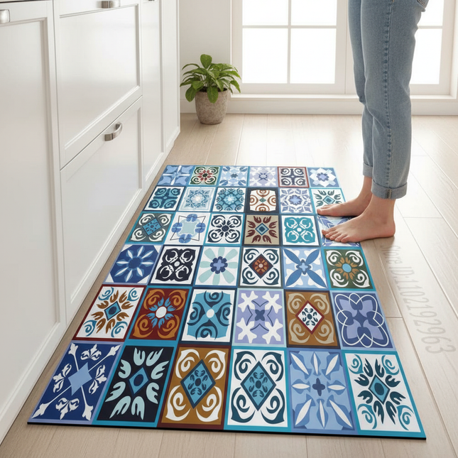Tapis Cuisine mosaïque bleue antidérapant