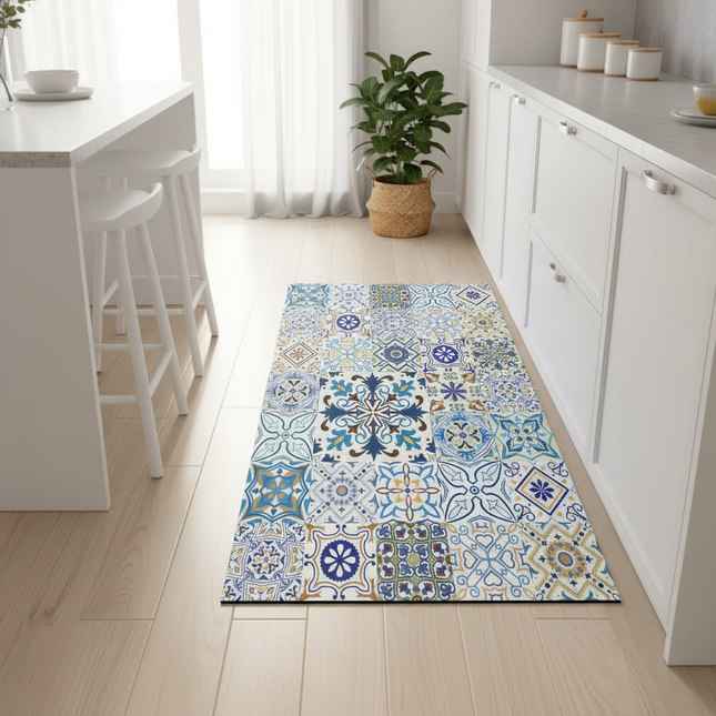 Tapis Cuisine motif mosaïque bleu antidérapant