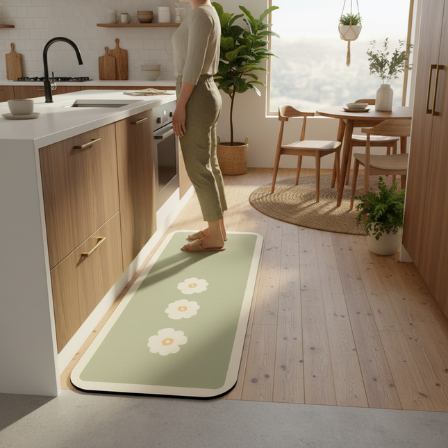 Tapis Cuisine vert clair motif floral antidérapant