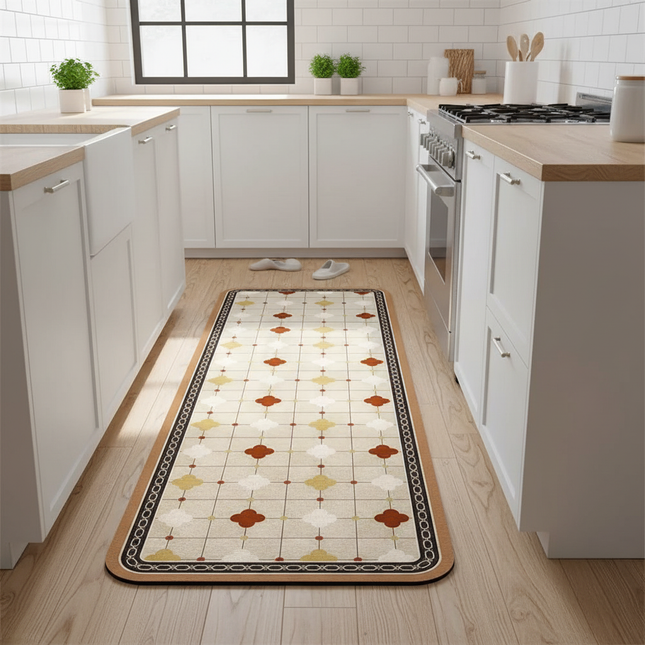 Tapis Cuisine beige géométrique antidérapant minimaliste