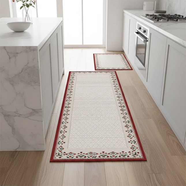 Tapis Cuisine beige motifs floraux antidérapant