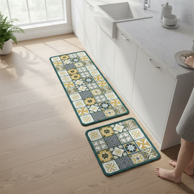 Tapis Cuisine carreaux jaune gris antidérapant