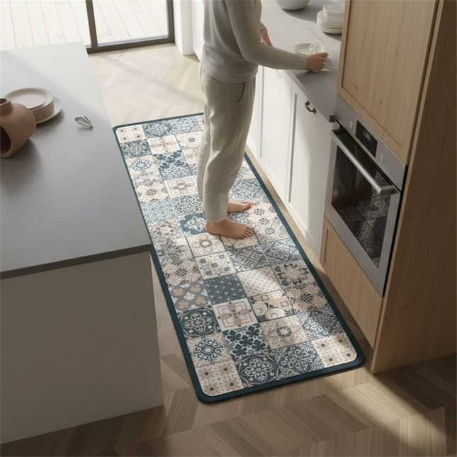 Tapis Cuisine patchwork bleu beige antidérapant