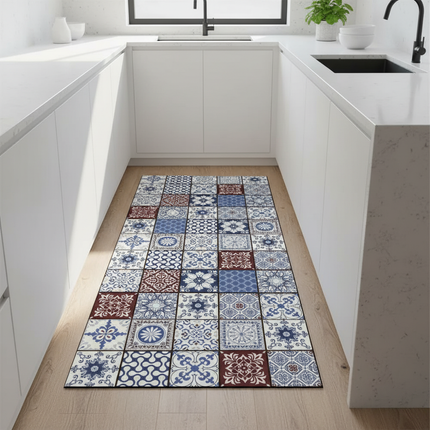Tapis Cuisine carreaux bleu bordeaux antidérapant