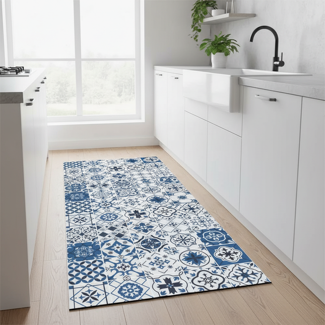 Tapis Cuisine bleu mosaïque antidérapant