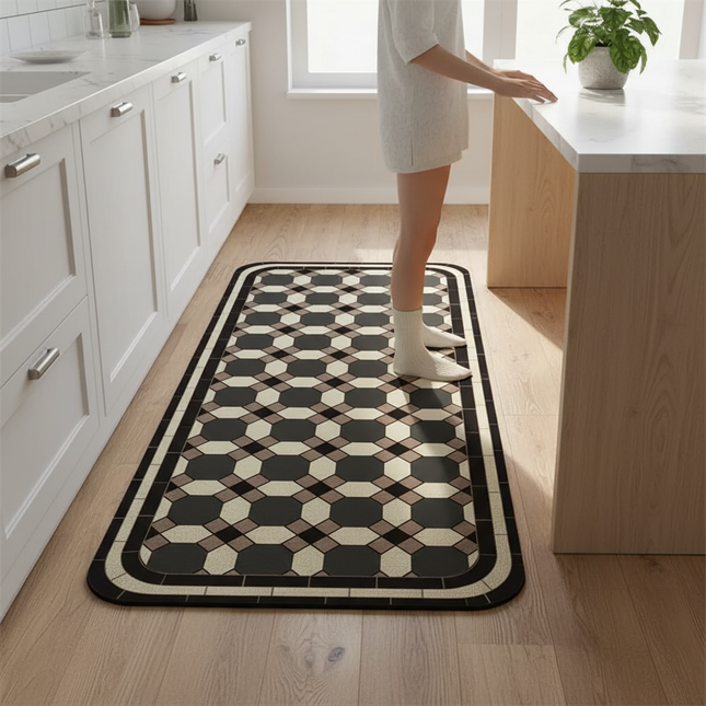 Tapis Cuisine motif géométrique noir beige antidérapant