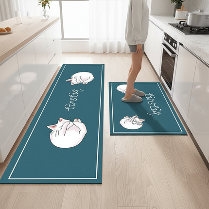 Tapis Cuisine Bleu Canard Motif Chat Antidérapant