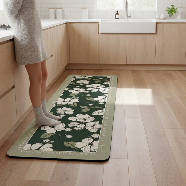 Tapis Cuisine long vert floral imperméable