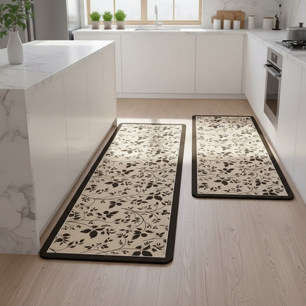Tapis Cuisine motif feuilles beige antidérapant