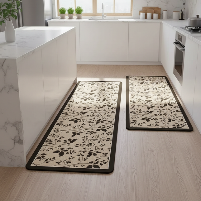 Tapis Cuisine motif feuilles beige antidérapant