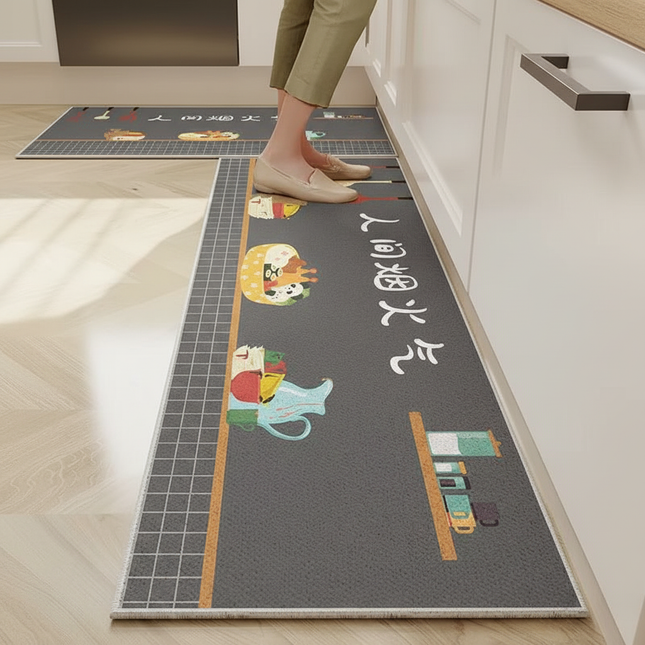 Tapis Cuisine gris motifs ludiques antidérapant