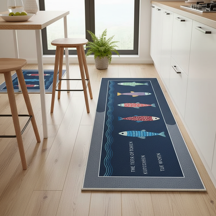 Tapis Cuisine bleu marine poissons antidérapant