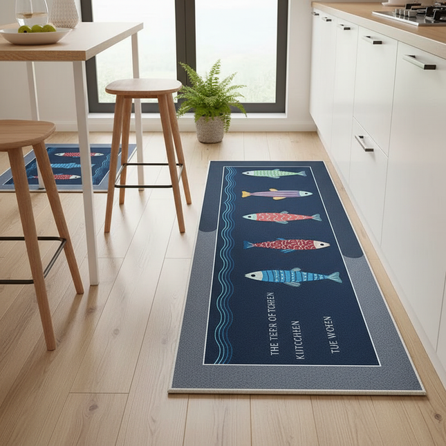 Tapis Cuisine bleu marine poissons antidérapant