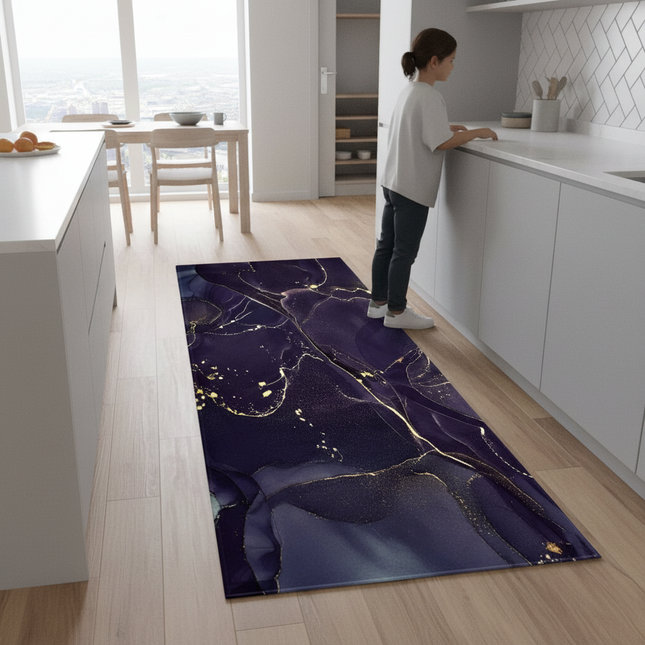 Tapis Cuisine abstrait bleu doré antidérapant