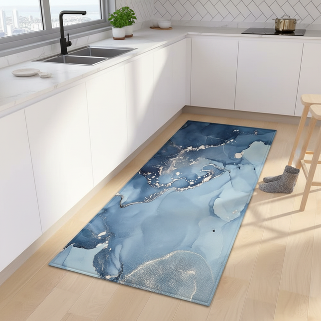 Tapis Cuisine bleu marbré antidérapant doux