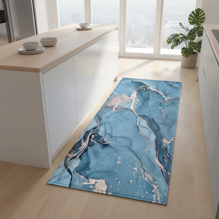 Tapis Cuisine bleu marbré antidérapant chic