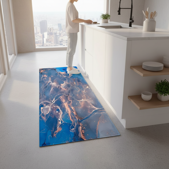 Tapis Cuisine bleu marbré antidérapant tendance