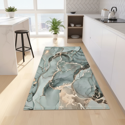 Tapis Cuisine marbré bleu or antidérapant