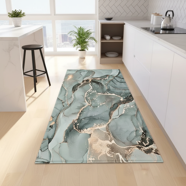 Tapis Cuisine marbré bleu or antidérapant
