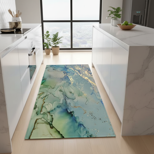 Tapis Cuisine Abstrait Bleu Or Antidérapant
