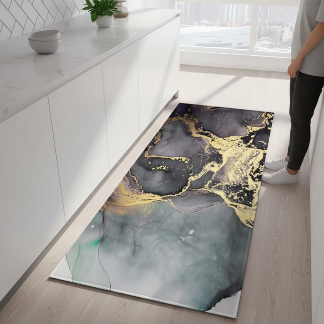 Tapis Cuisine marbré doré antidérapant luxueux