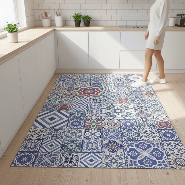 Tapis Cuisine patchwork bleu antidérapant