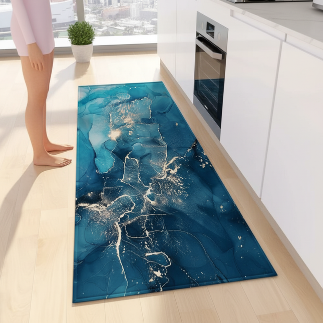 Tapis Cuisine bleu marbré antidérapant brillant