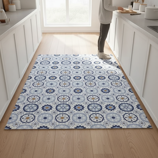 Tapis Cuisine antidérapant bleu motifs mosaïque