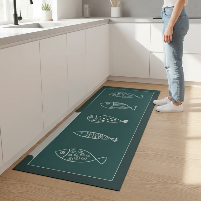 Tapis Cuisine vert canard motifs poissons antidérapant