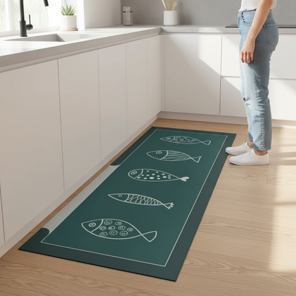 Tapis Cuisine vert canard motifs poissons antidérapant
