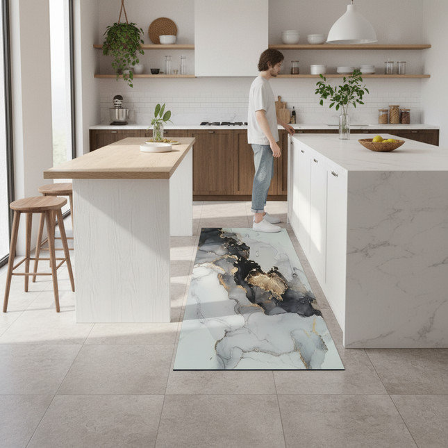 Tapis Cuisine marbré blanc-doré antidérapant
