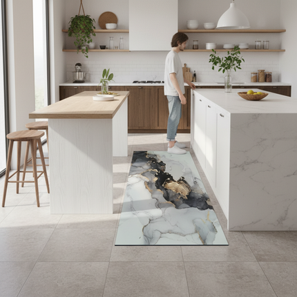 Tapis Cuisine marbré blanc-doré antidérapant